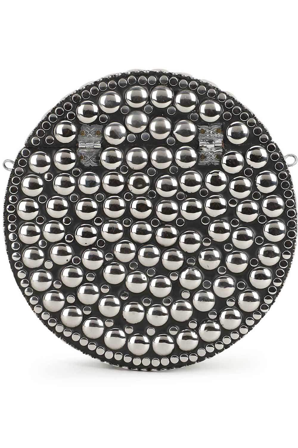 Designer Mosaic Silver Metal Polka Dot Design Round Clutch