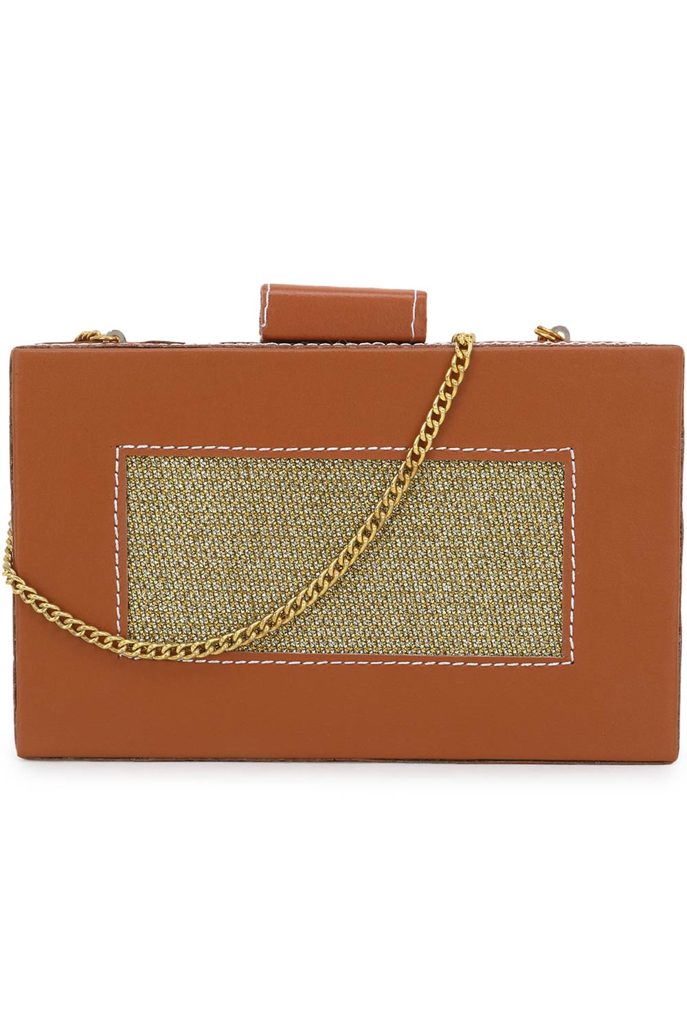 Designer Brown & Gold Fabric & Vegan Leather Box Clutch