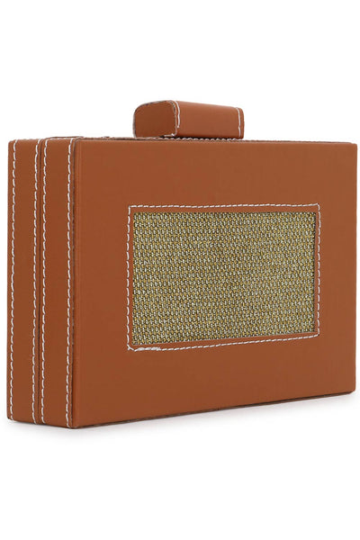 Designer Brown & Gold Fabric & Vegan Leather Box Clutch