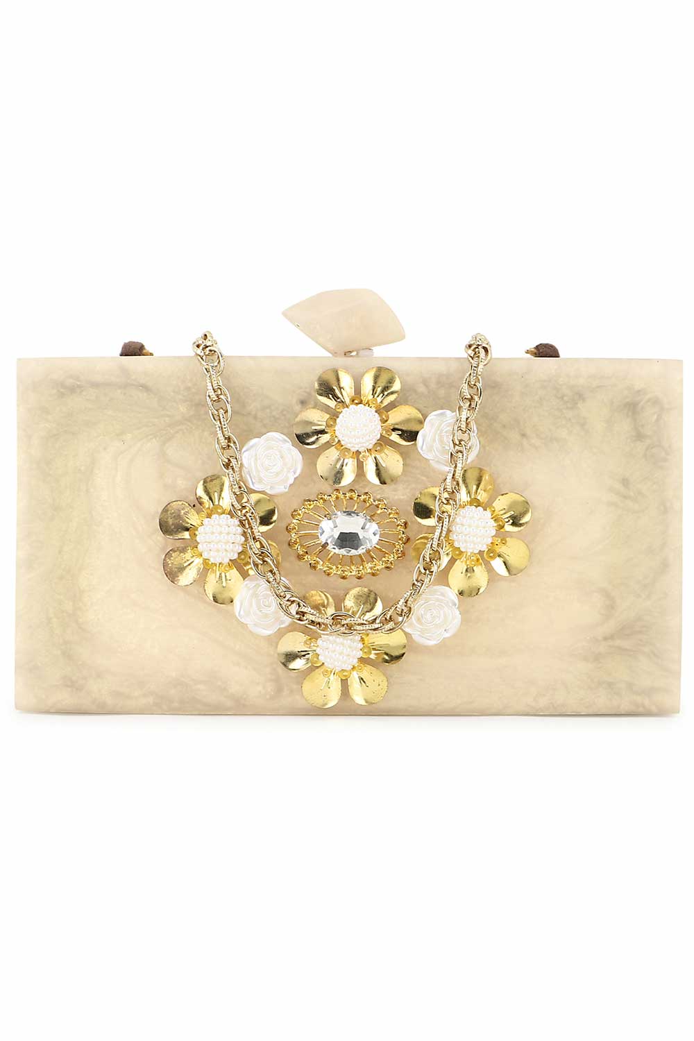 Designer Champagne & Gold Resin Floral Clutch