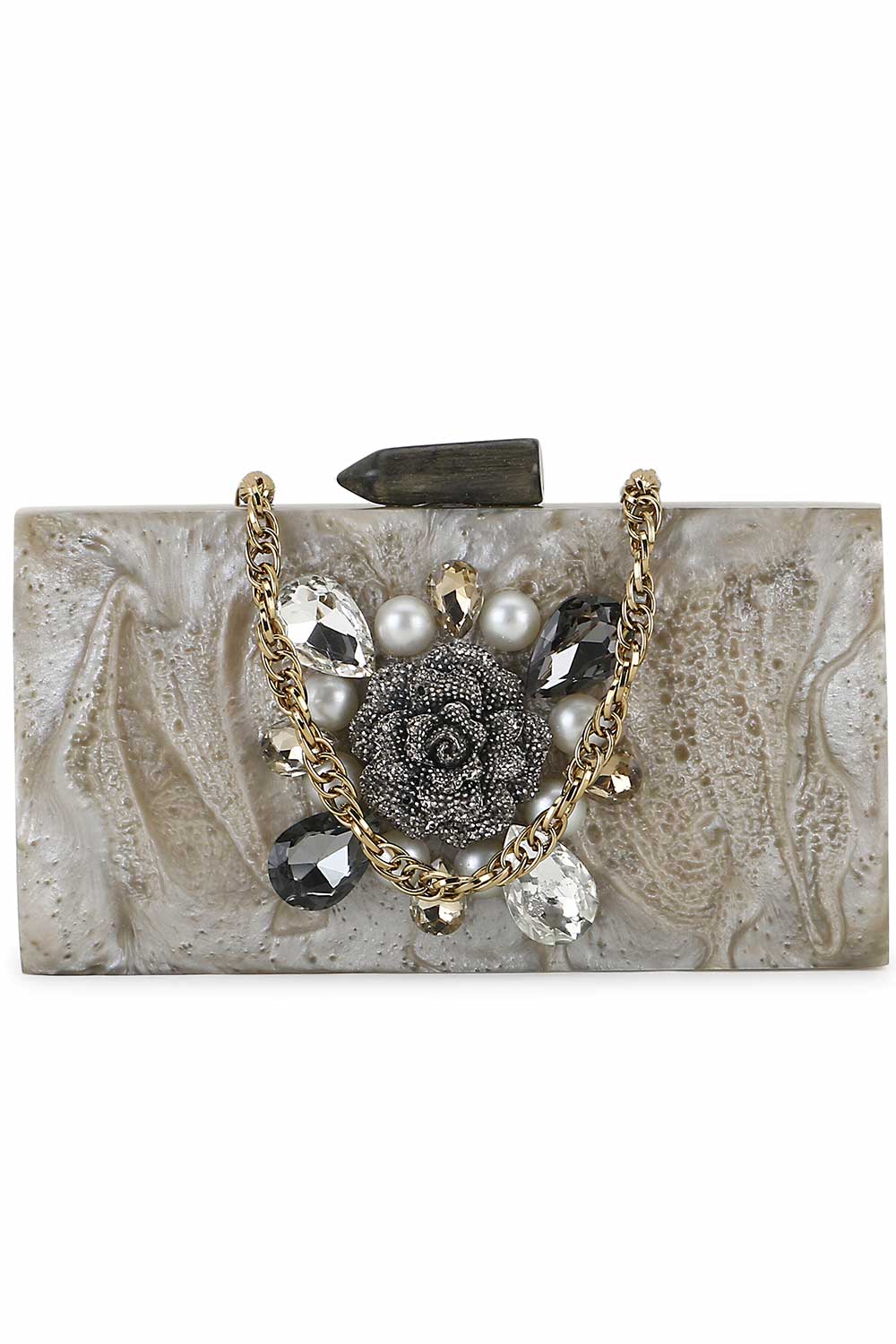 Designer Charcoal & Silver Resin Floral Embellished Clutch
