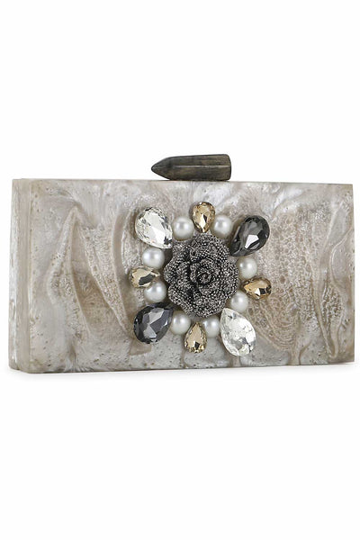 Designer Charcoal & Silver Resin Floral Embellished Clutch