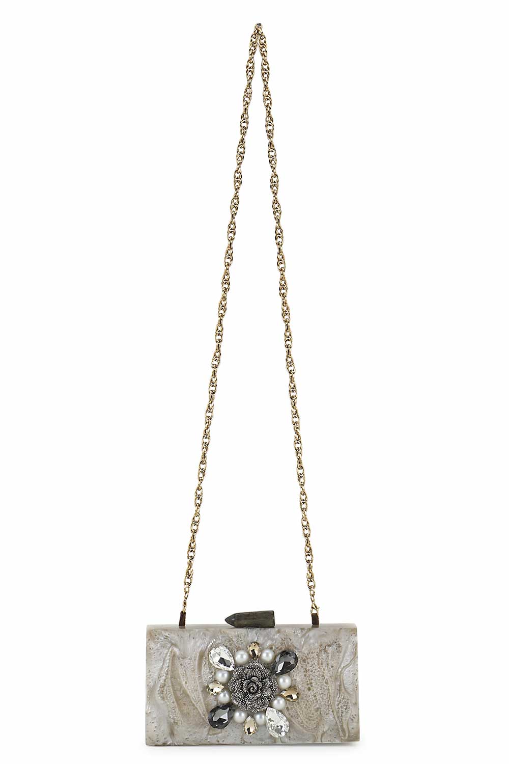 Designer Charcoal & Silver Resin Floral Embellished Clutch