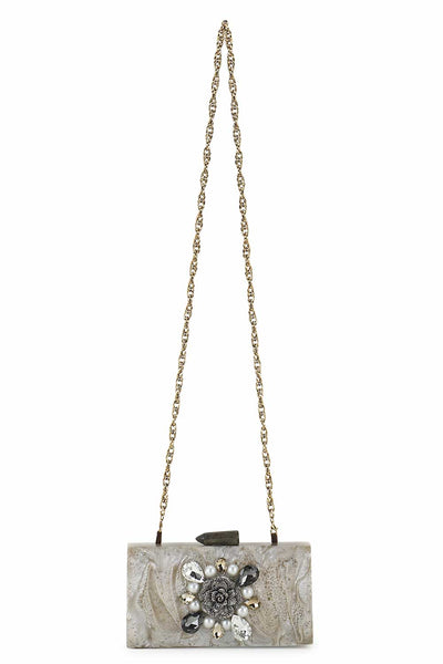 Designer Charcoal & Silver Resin Floral Embellished Clutch