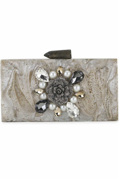 Designer Charcoal & Silver Resin Floral Embellished Clutch