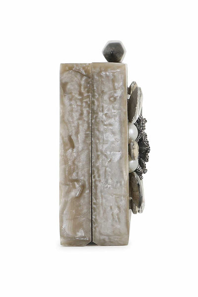 Designer Charcoal & Silver Resin Floral Embellished Clutch