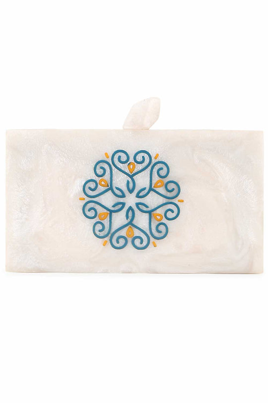 Designer Off-White & Multi-color Resin Mandala Printed Clutch