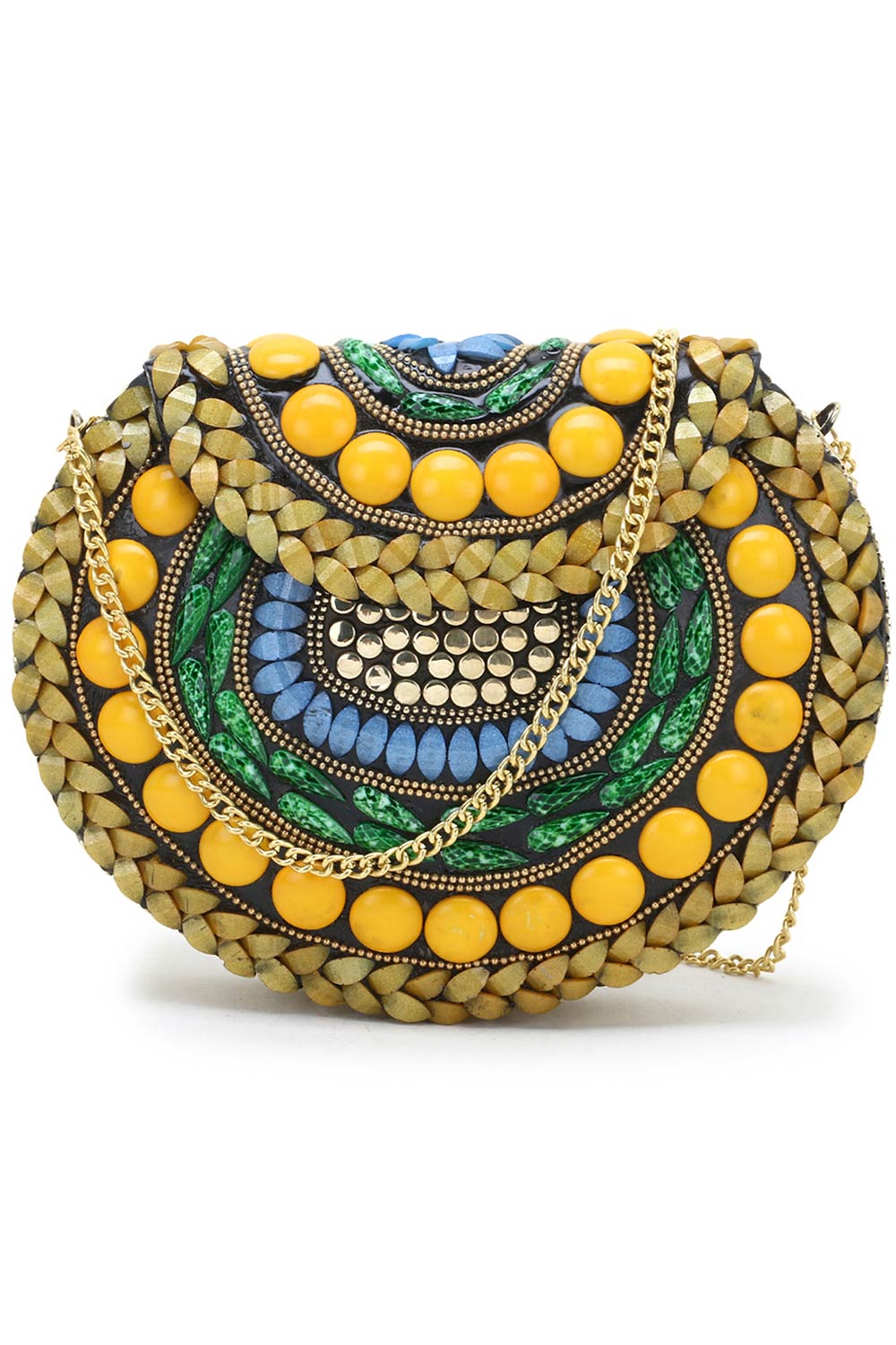 Designer Gold & Yellow Beads Mosaic Stone Work Metal Clutch