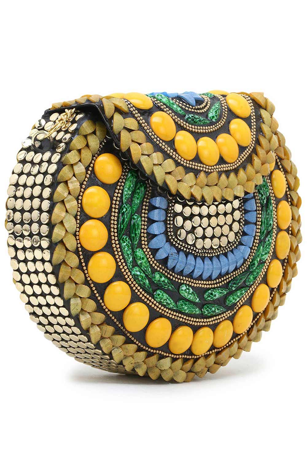 Designer Gold & Yellow Beads Mosaic Stone Work Metal Clutch