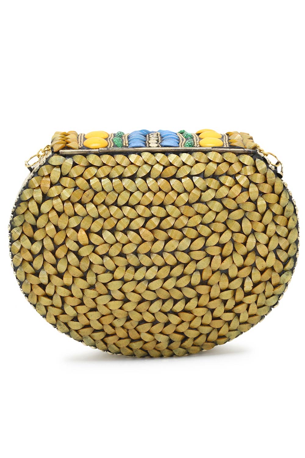 Designer Gold & Yellow Beads Mosaic Stone Work Metal Clutch