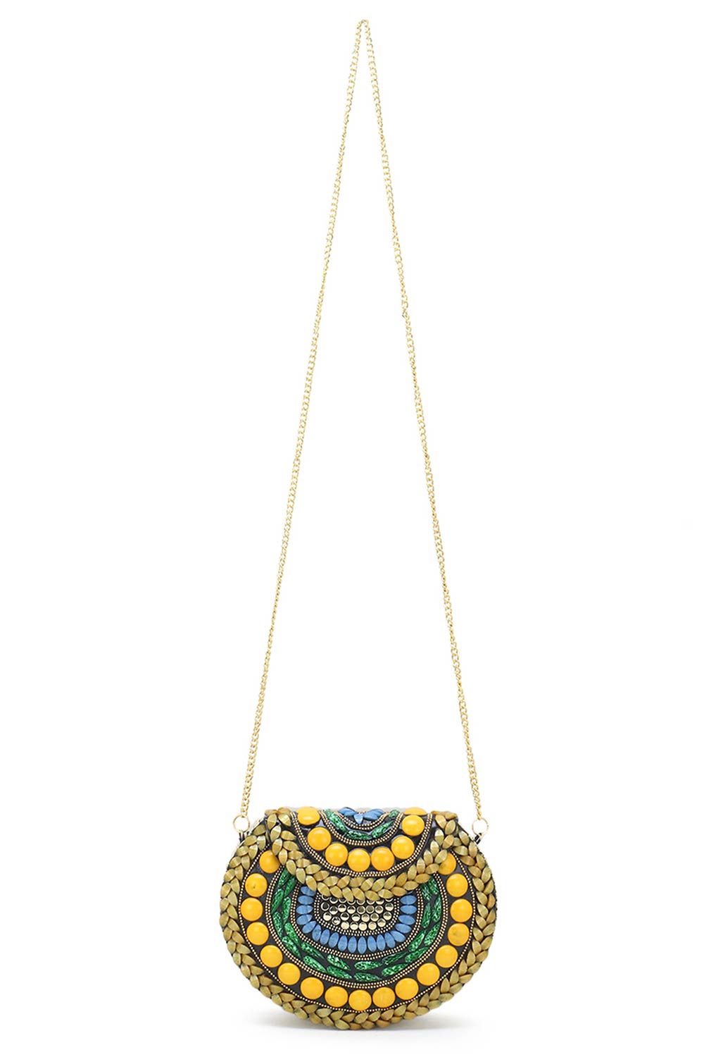 Designer Gold & Yellow Beads Mosaic Stone Work Metal Clutch