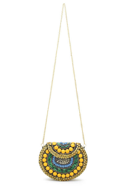 Designer Gold & Yellow Beads Mosaic Stone Work Metal Clutch