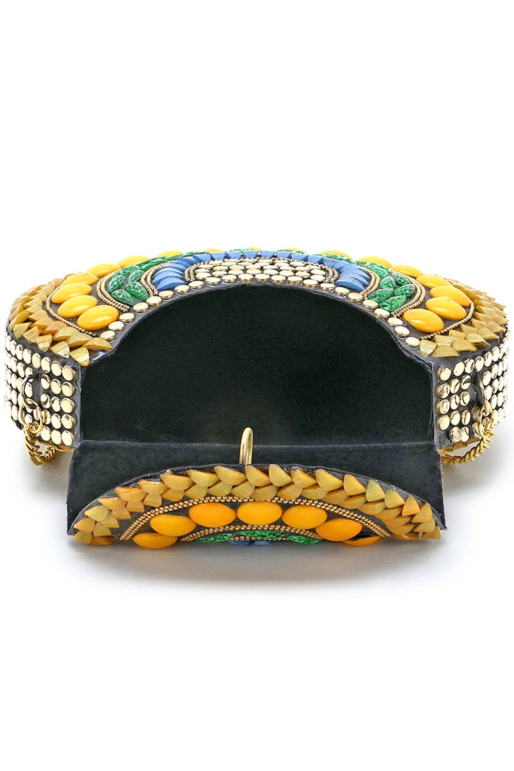 Designer Gold & Yellow Beads Mosaic Stone Work Metal Clutch