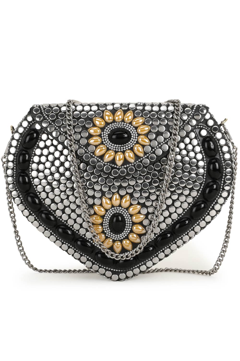 Designer Antique Silver Mosaic in Silver & Black & Yellow Metal Clutch