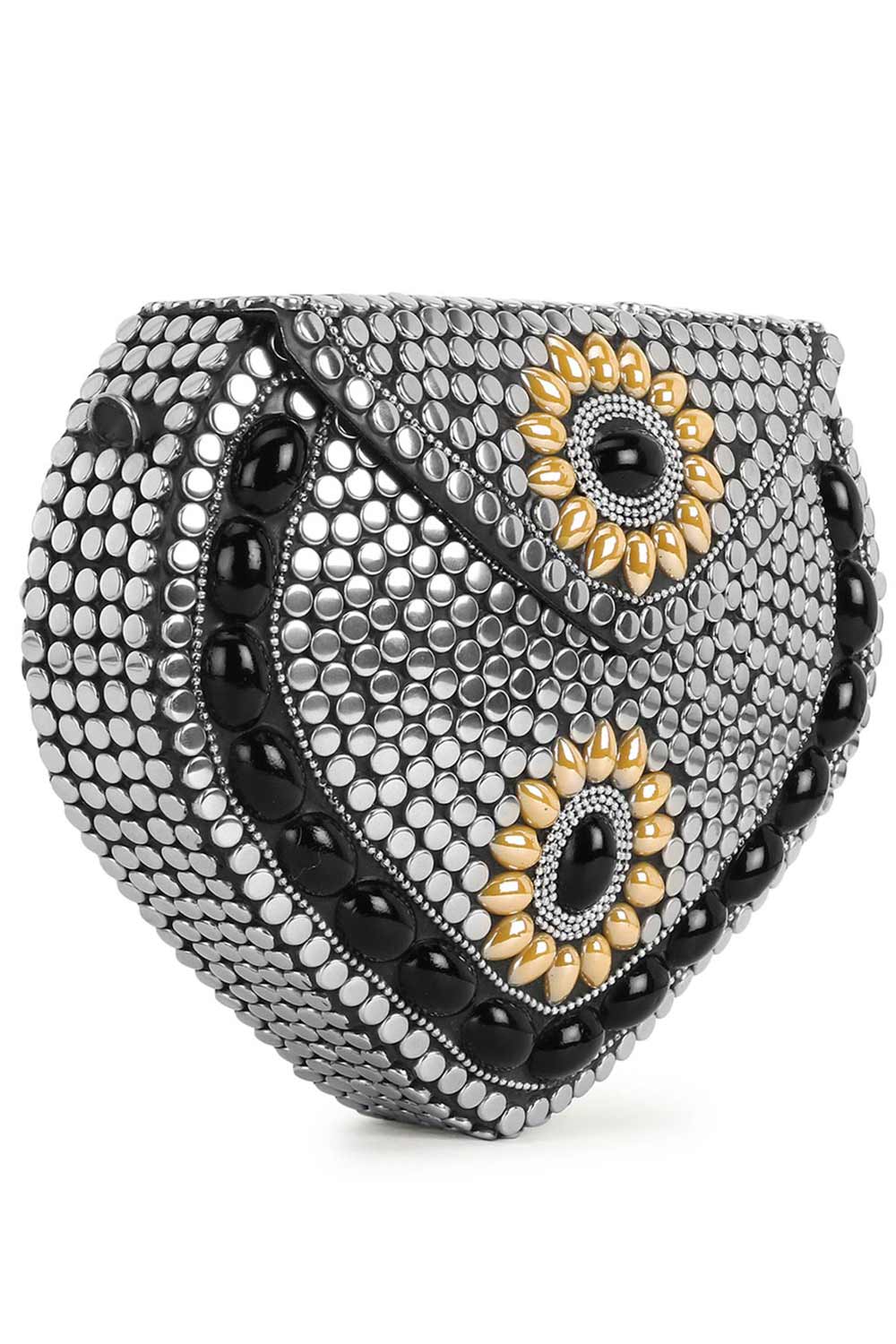Designer Antique Silver Mosaic in Silver & Black & Yellow Metal Clutch