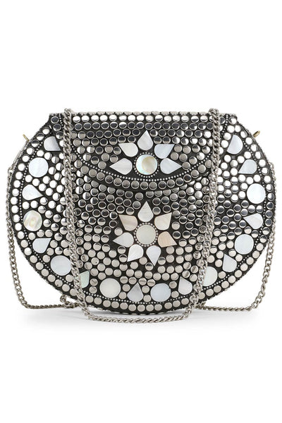 Designer Mosaic Silver & White Metal Floral Mosaic Clutch