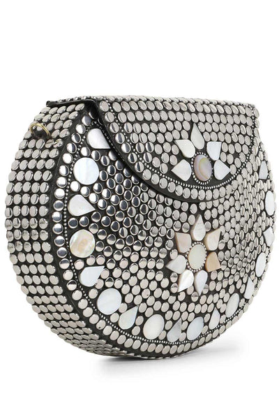 Designer Mosaic Silver & White Metal Floral Mosaic Clutch