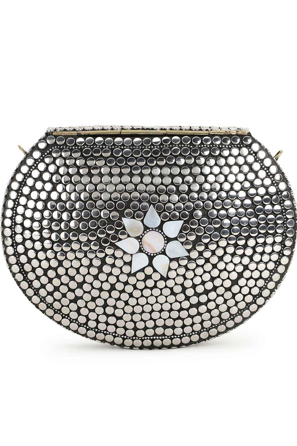 Designer Mosaic Silver & White Metal Floral Mosaic Clutch