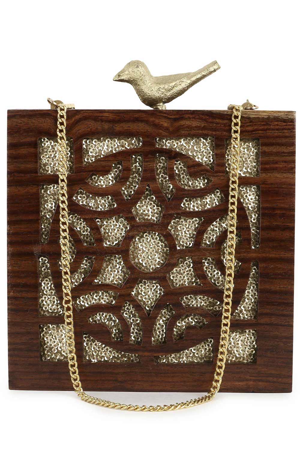 Designer Brown & Gold Wooden Clutch with Sequins and Bird Clasp