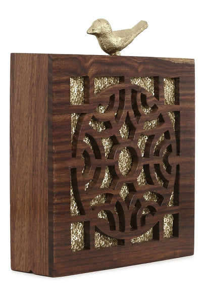 Designer Brown & Gold Wooden Clutch with Sequins and Bird Clasp