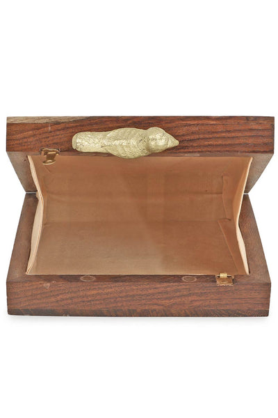 Designer Brown & Gold Wooden Clutch with Sequins and Bird Clasp