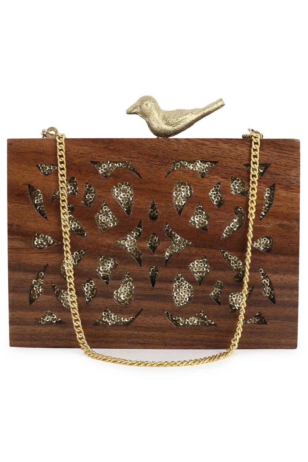 Designer Brown & Gold Wooden with Sequins Bird Detail Clutch