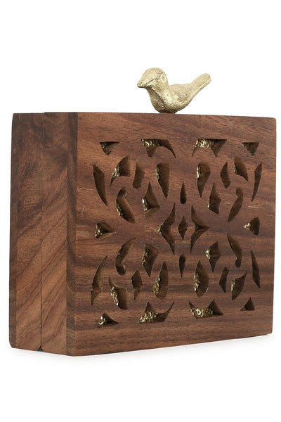 Designer Brown & Gold Wooden with Sequins Bird Detail Clutch