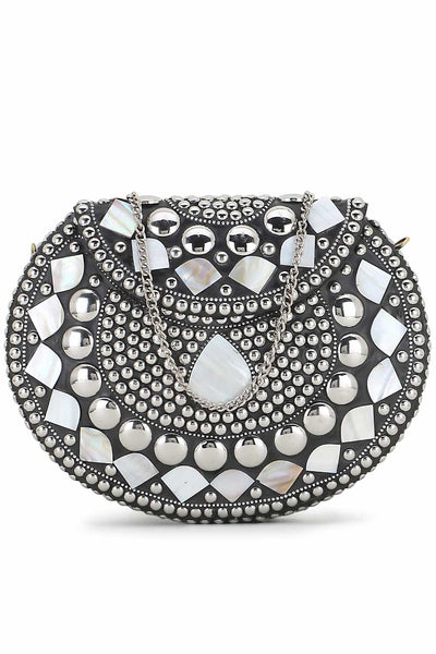 Designer Silver & White Metal Mosaic Embellished Clutch