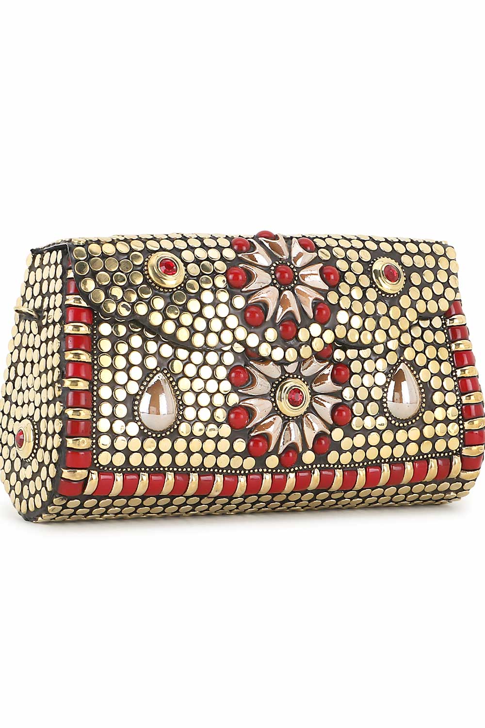 Designer Royal Aztec Design Gold  & Red Metalwork Clutch