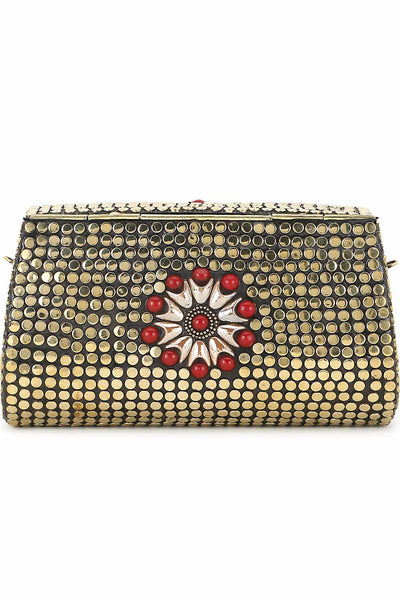 Designer Royal Aztec Design Gold  & Red Metalwork Clutch