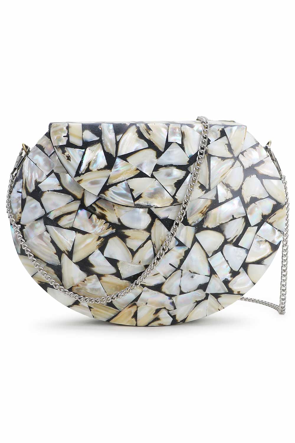 Designer White Pearl & Black Metal Marble Finish Clutch