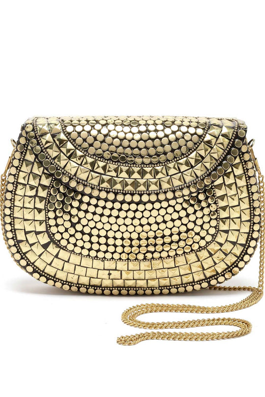 Buy Gold Mosaic Embellished Metal Halfmoon Clutch Online - Side