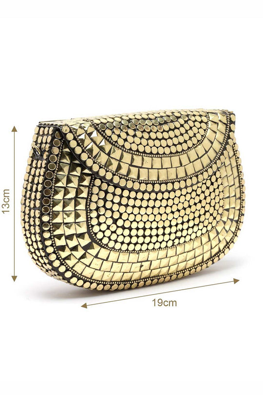Gold Mosaic Embellished Metal Halfmoon Clutch Online - One Minute