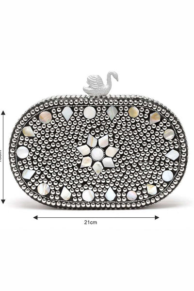 Buy Silver and White Marble Mosaic Embellished Metal Box Clutch Online - Zoom Out