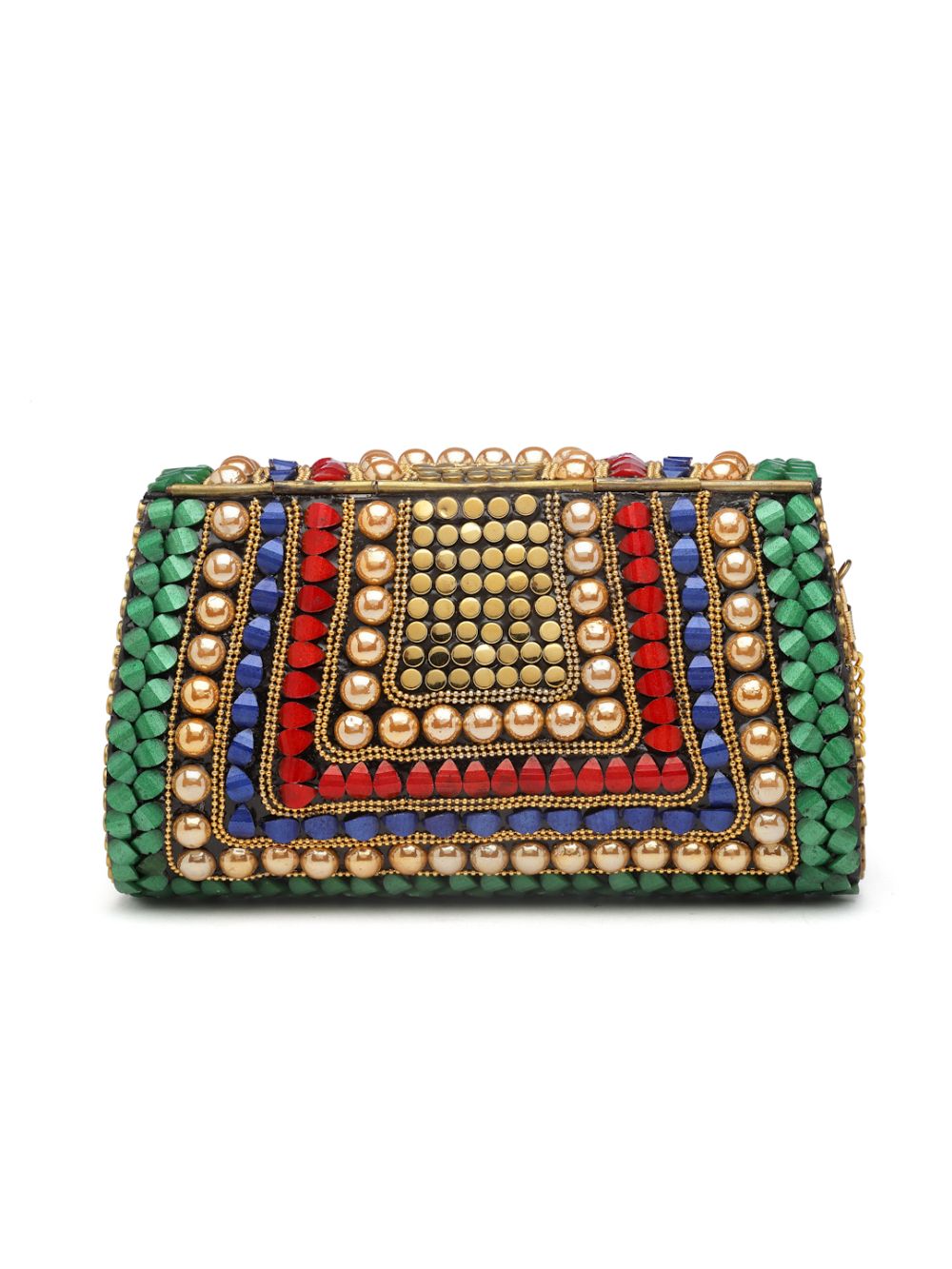 Designer Green & Multi-color Metal Stone Work Purse