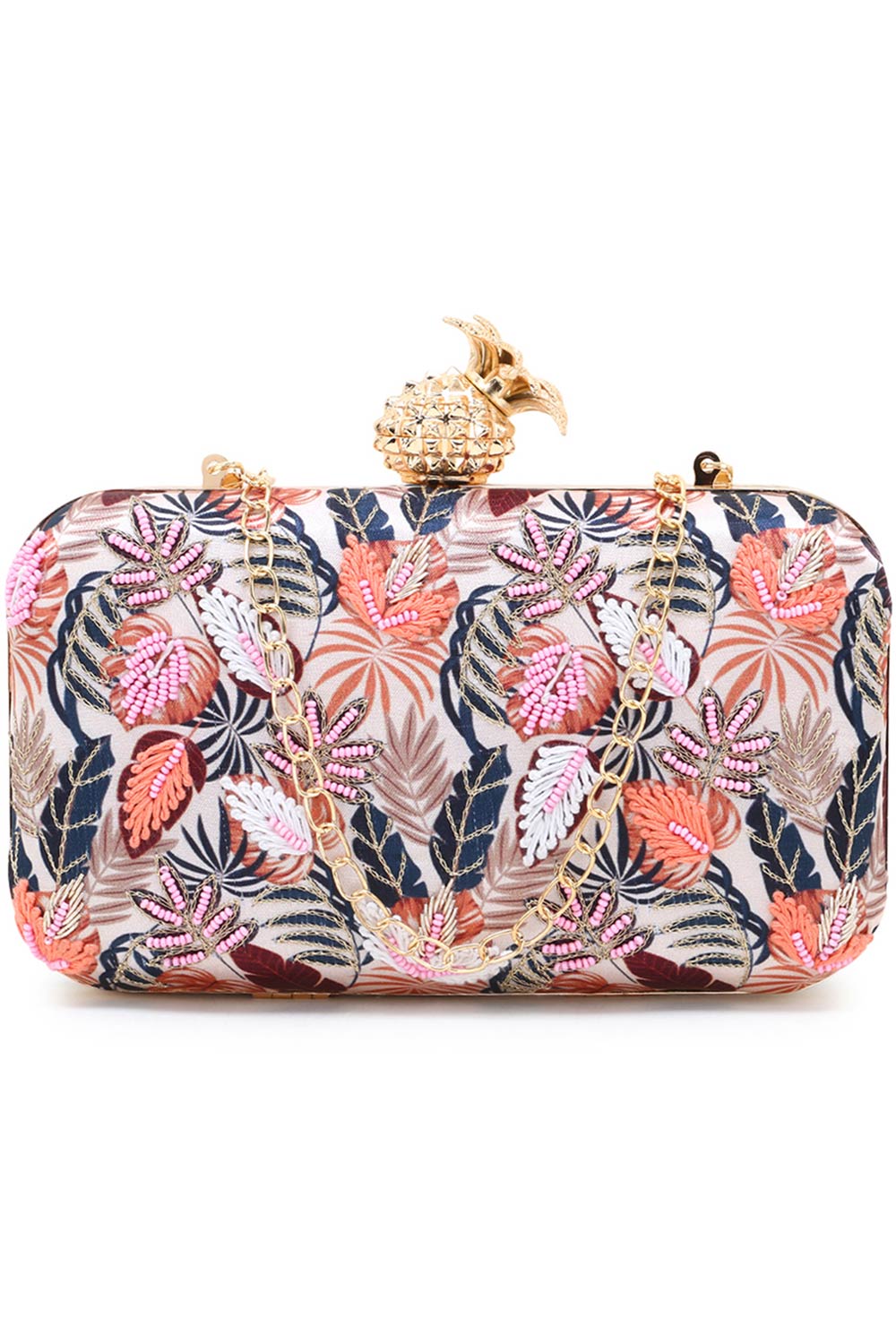 Designer Cream & Multi Printed Satin Botanical Dream Clutch