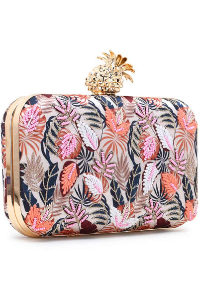 Designer Cream & Multi Printed Satin Botanical Dream Clutch
