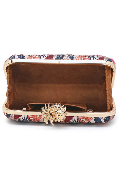 Designer Cream & Multi Printed Satin Botanical Dream Clutch
