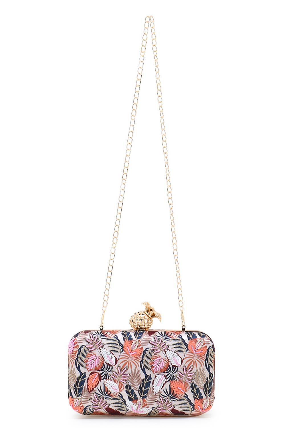 Designer Cream & Multi Printed Satin Botanical Dream Clutch