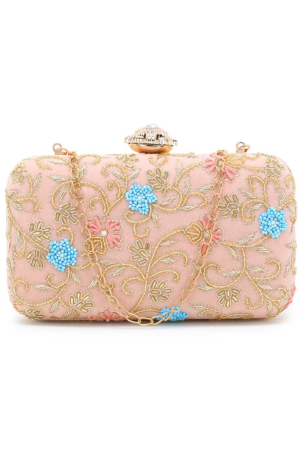 Designer Peach & Multi Velvet Floral Embellished Clutch