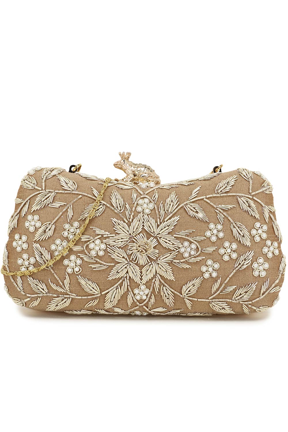 Designer Beige & Gold Beadwork Clutch with Prince Charming Clasp