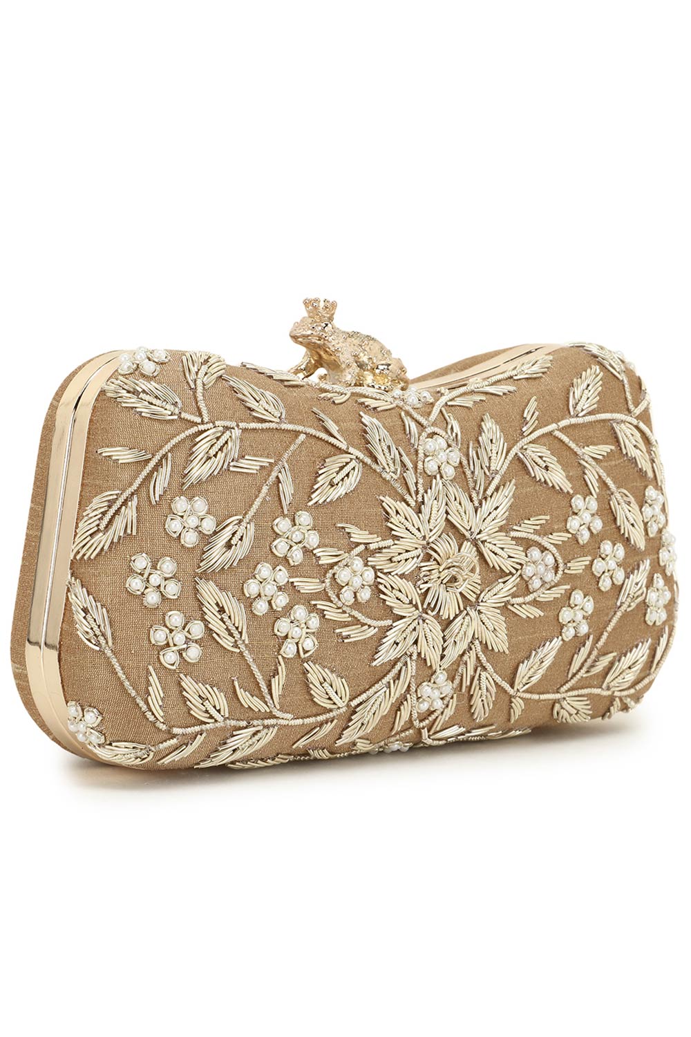Designer Beige & Gold Beadwork Clutch with Prince Charming Clasp