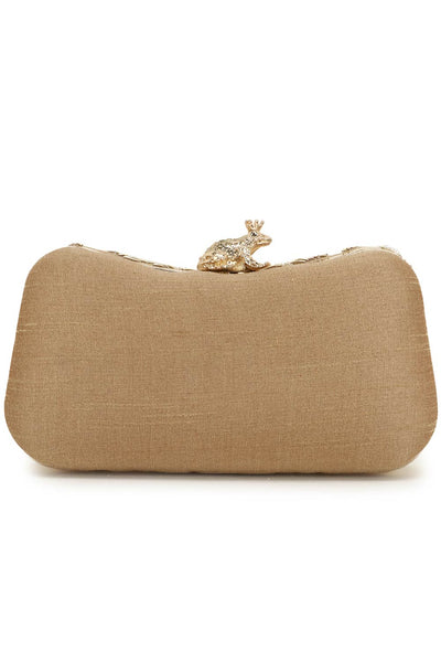 Designer Beige & Gold Beadwork Clutch with Prince Charming Clasp