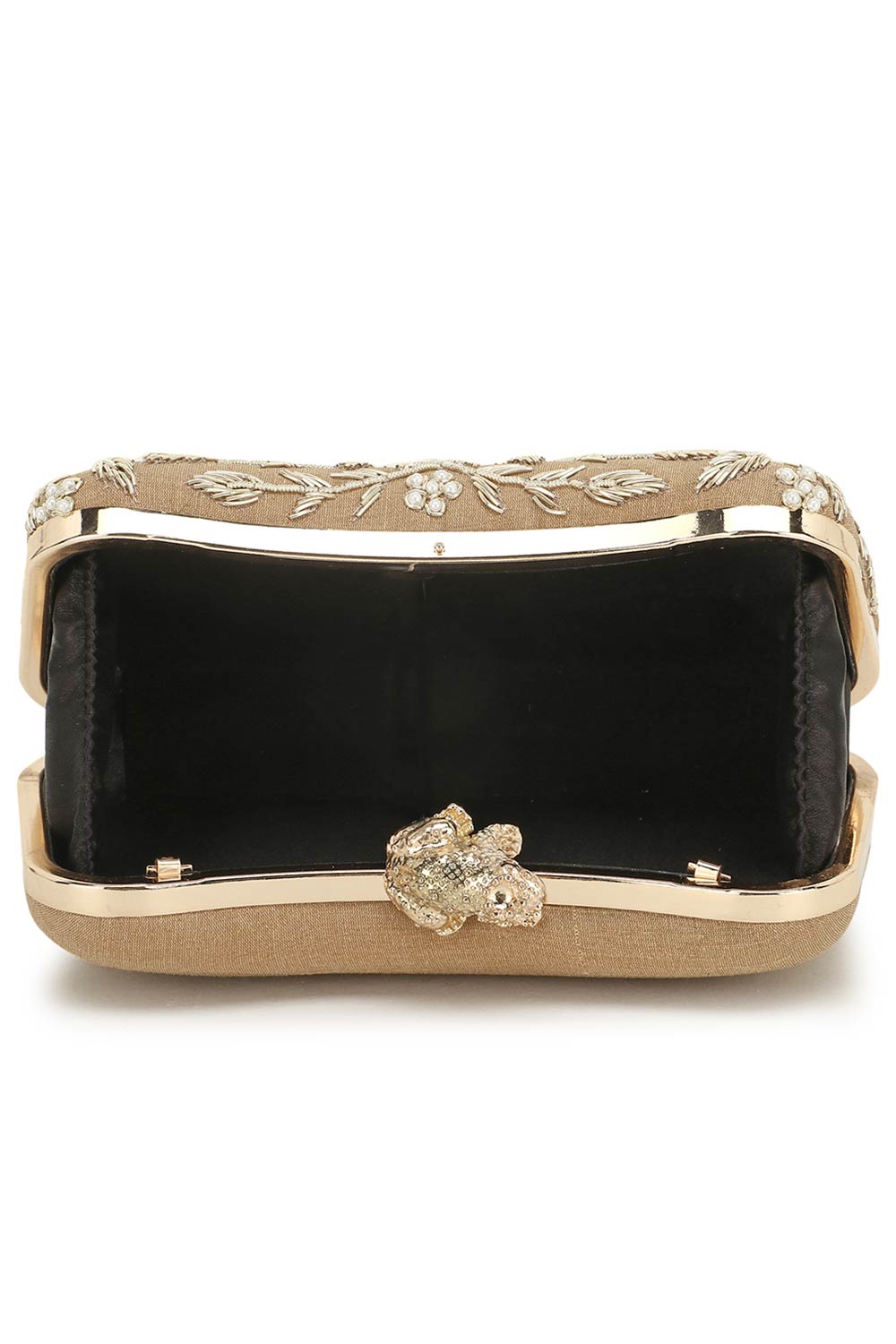 Designer Beige & Gold Beadwork Clutch with Prince Charming Clasp