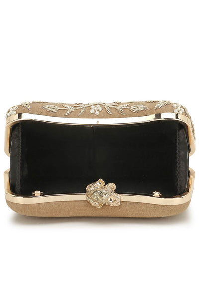 Designer Beige & Gold Beadwork Clutch with Prince Charming Clasp