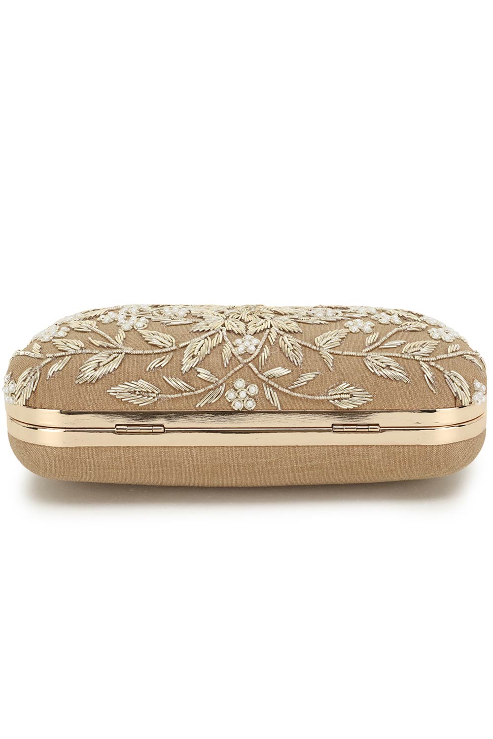 Designer Beige & Gold Beadwork Clutch with Prince Charming Clasp