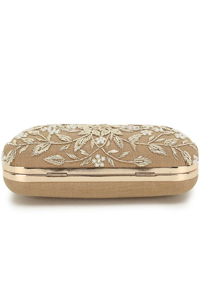 Designer Beige & Gold Beadwork Clutch with Prince Charming Clasp