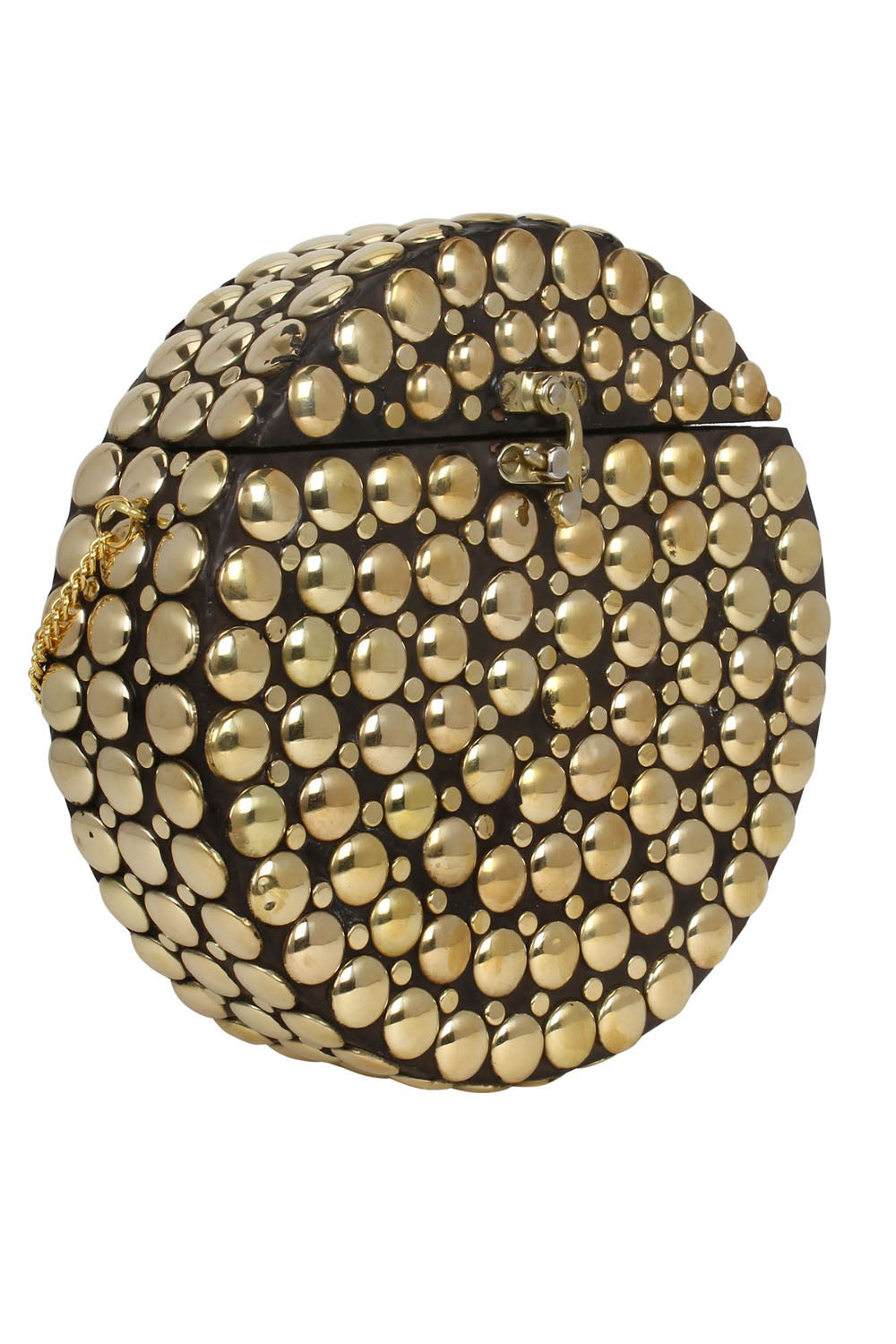 Designer Round Circular Metalwork Clutch in Black & Gold