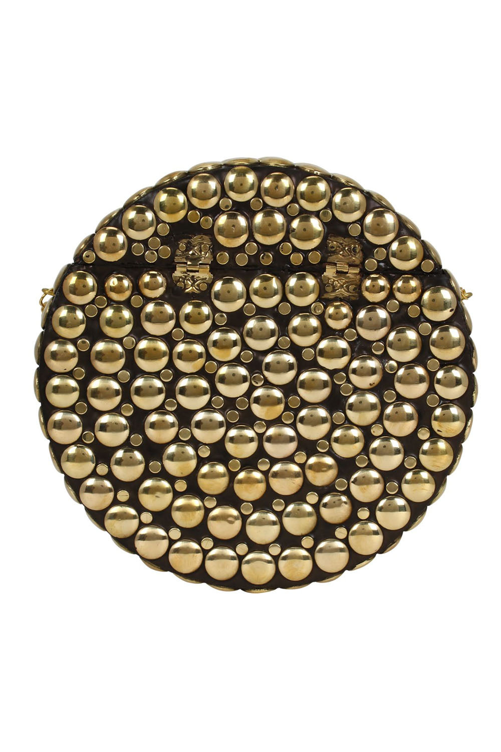 Designer Round Circular Metalwork Clutch in Black & Gold