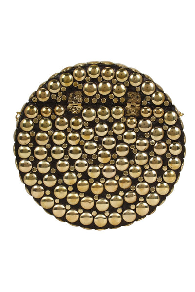 Designer Round Circular Metalwork Clutch in Black & Gold